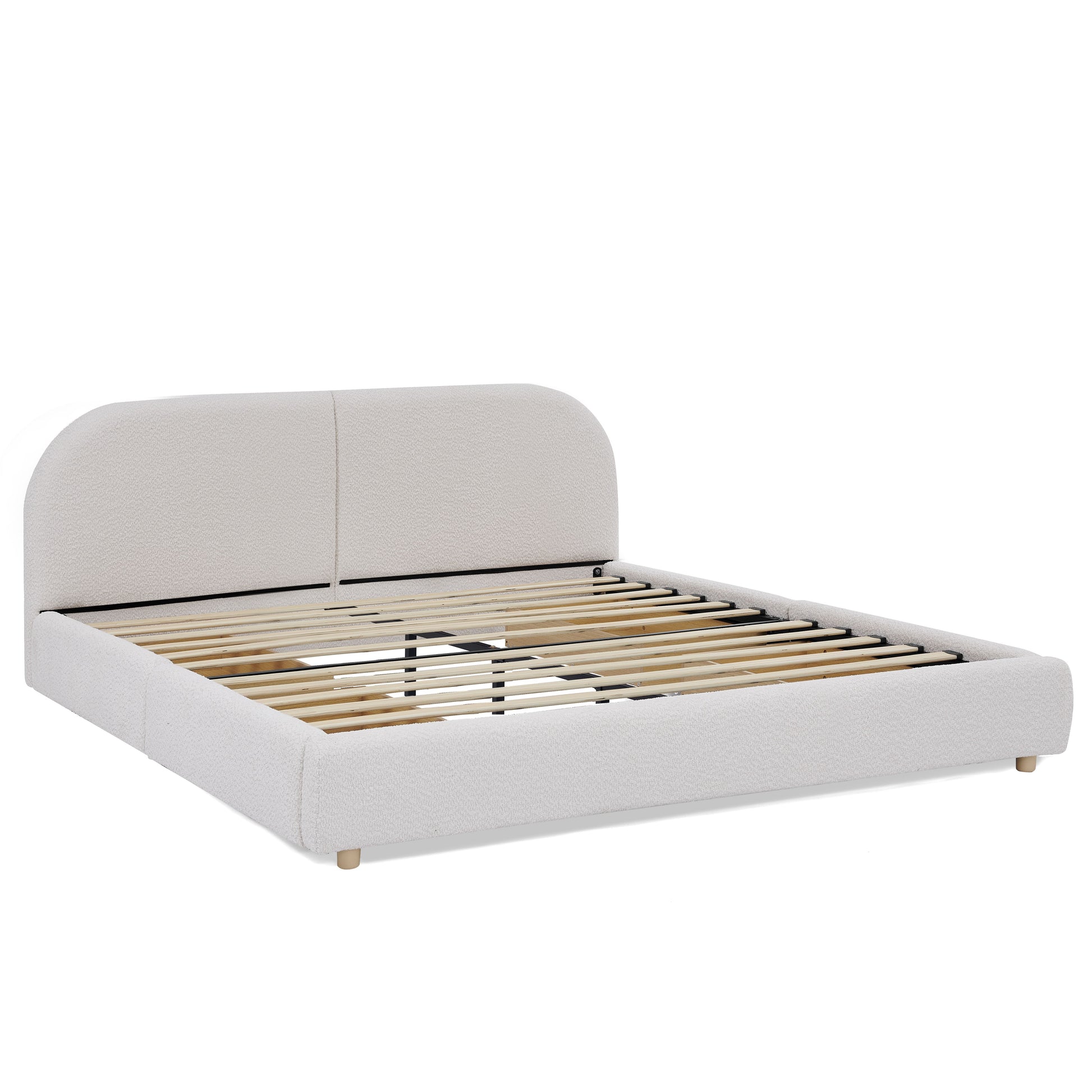 Queen Size Upholstered Bed Frame Modern Minimalist Style - Circle Yarn Fabric, Tall Curved Headboard, Sturdy Leg Support & Wheeled Drawer Storage, Mattress Not Included -Beige image 9