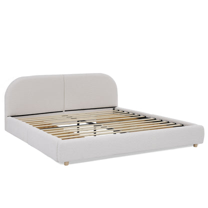 Queen Size Upholstered Bed Frame Modern Minimalist Style - Circle Yarn Fabric, Tall Curved Headboard, Sturdy Leg Support & Wheeled Drawer Storage, Mattress Not Included -Beige image 9