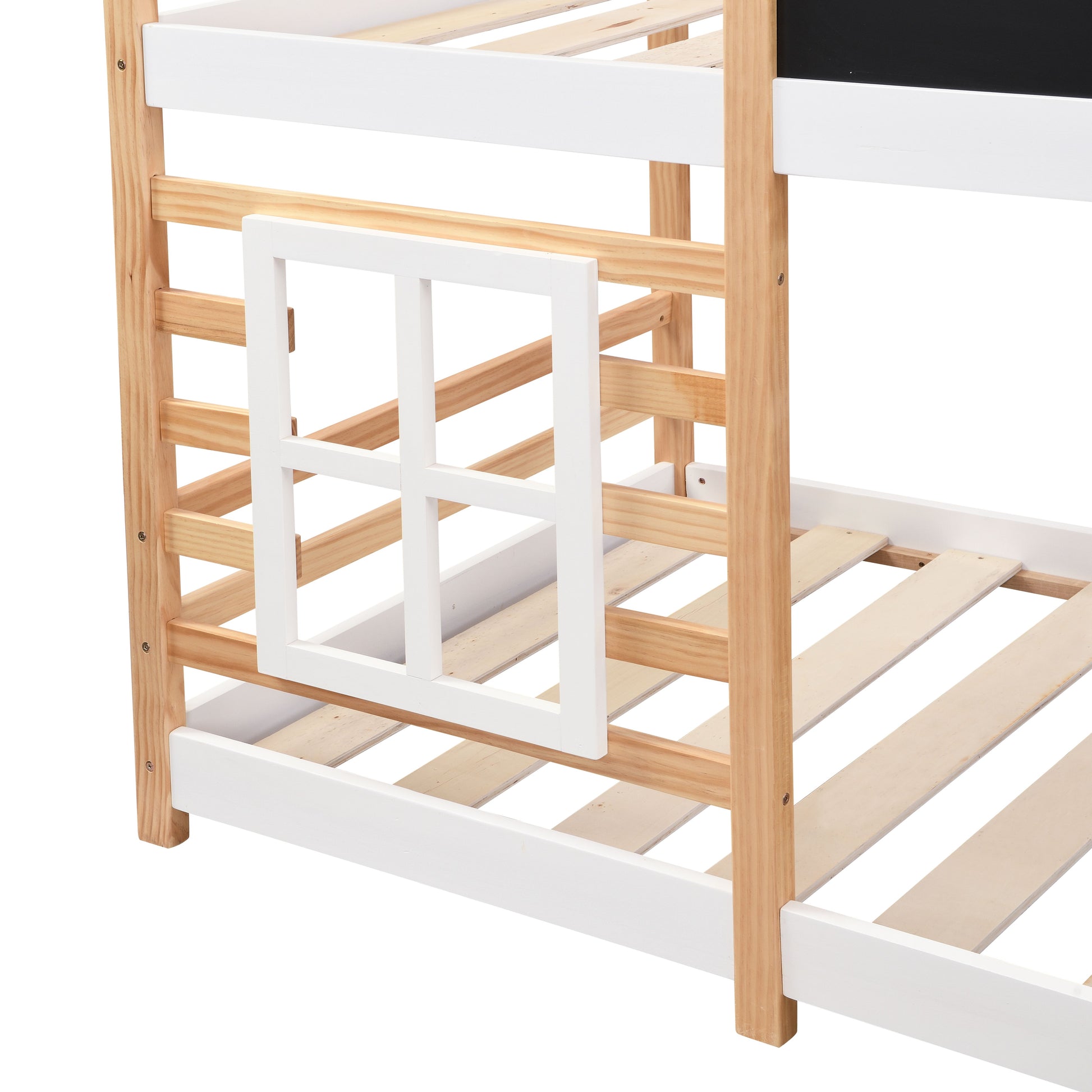 Twin over Twin Bunk Bed House Bed With Roof Windows Blackboard And Storage Ladder Platform Bed,bed Frame image 11