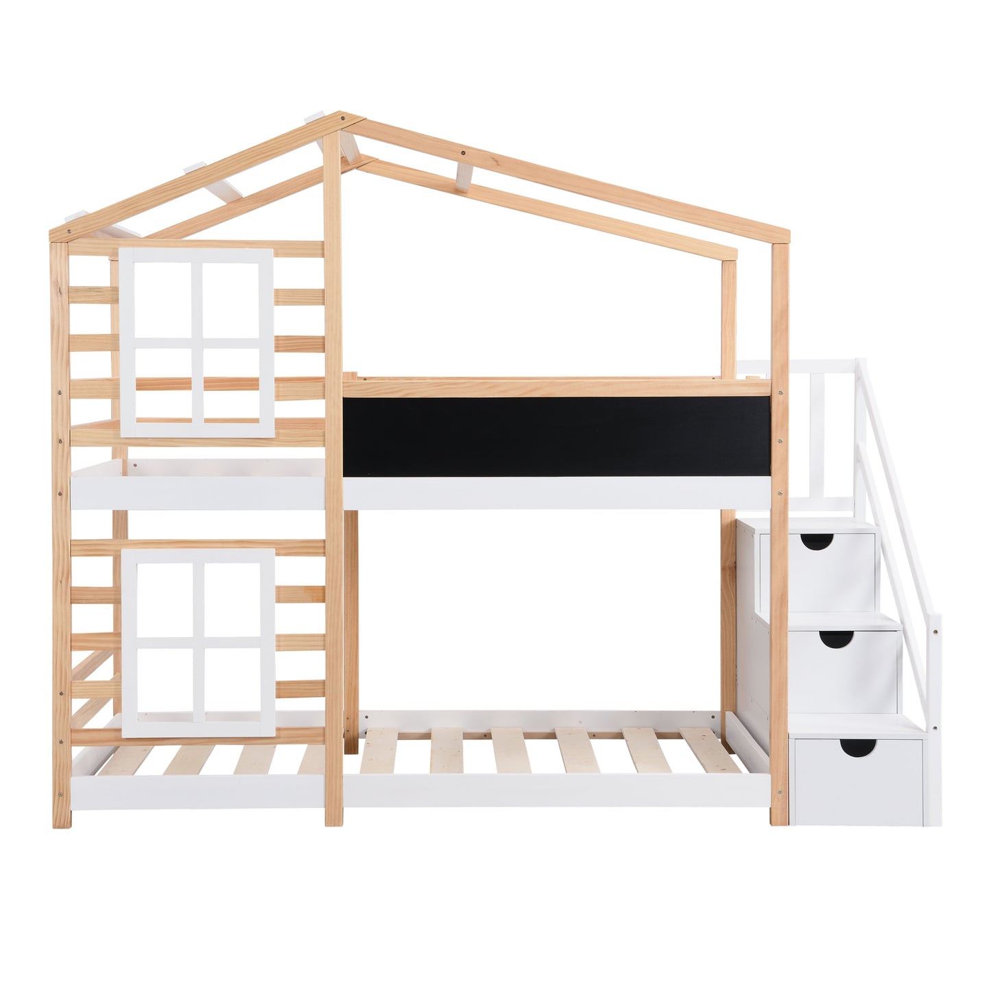 Twin over Twin Bunk Bed House Bed With Roof Windows Blackboard And Storage Ladder Platform Bed,bed Frame image 4