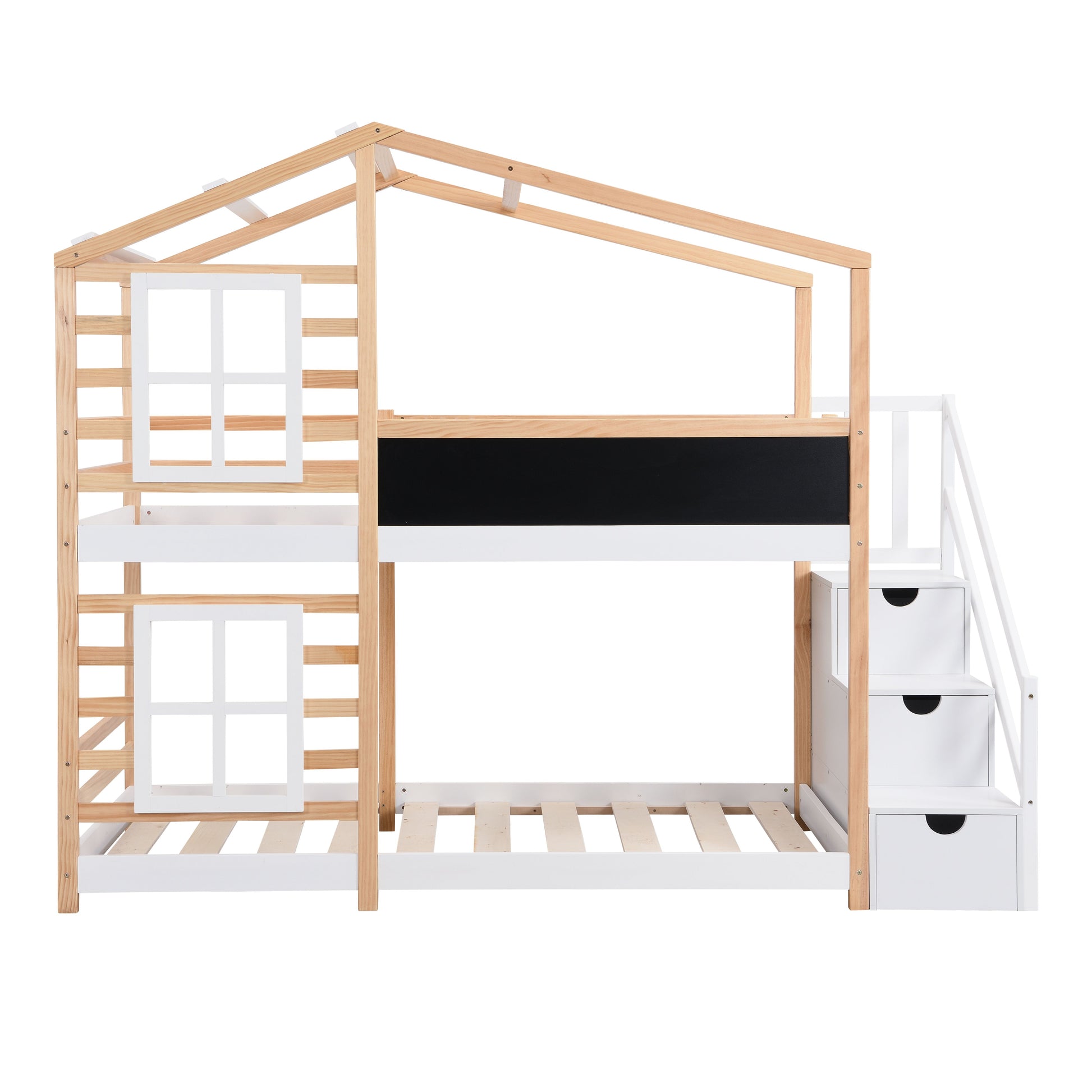 Twin over Twin Bunk Bed House Bed With Roof Windows Blackboard And Storage Ladder Platform Bed,bed Frame image 4