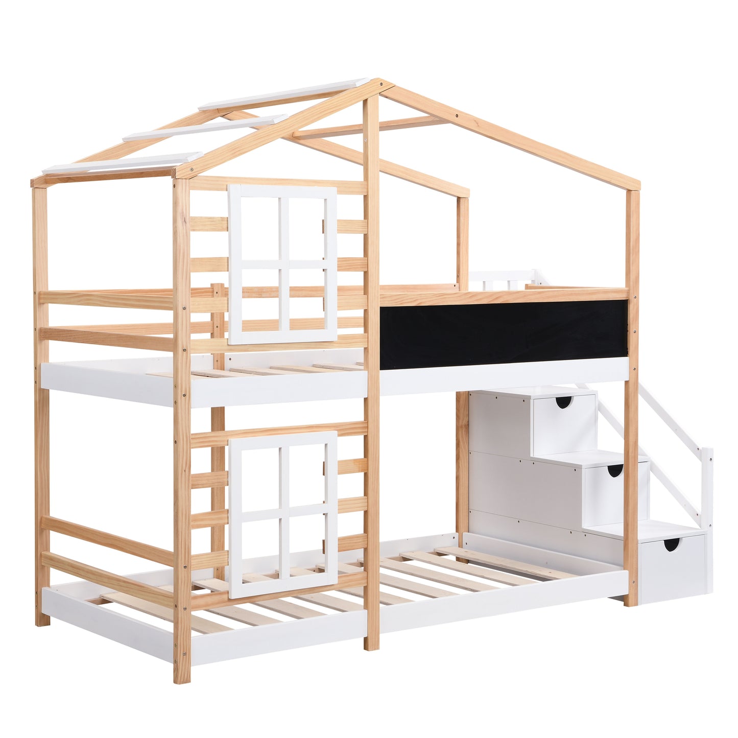 Twin over Twin Bunk Bed House Bed With Roof Windows Blackboard And Storage Ladder Platform Bed,bed Frame image 5