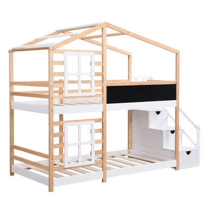 Twin over Twin Bunk Bed House Bed With Roof Windows Blackboard And Storage Ladder Platform Bed,bed Frame image 5