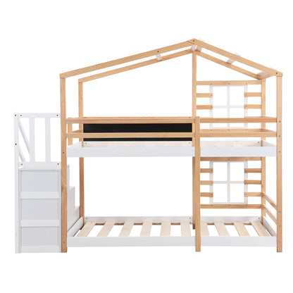 Twin over Twin Bunk Bed House Bed With Roof Windows Blackboard And Storage Ladder Platform Bed,bed Frame image 7
