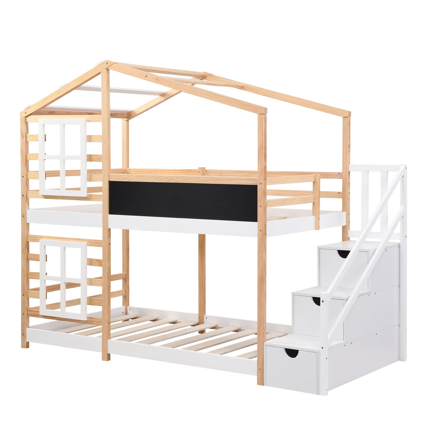 Twin over Twin Bunk Bed House Bed With Roof Windows Blackboard And Storage Ladder Platform Bed,bed Frame image 8