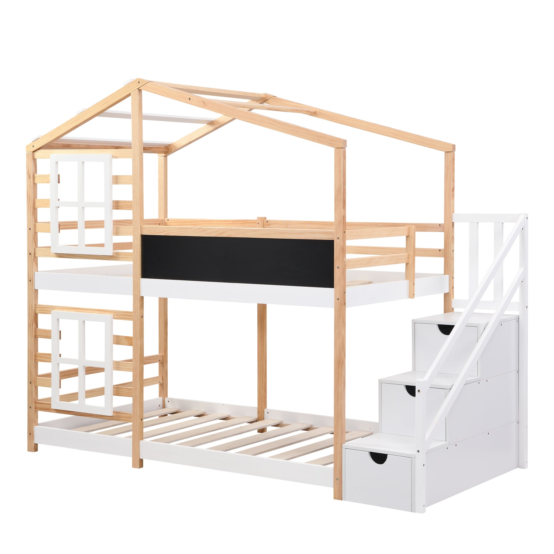 Twin over Twin Bunk Bed House Bed With Roof Windows Blackboard And Storage Ladder Platform Bed,bed Frame image 8
