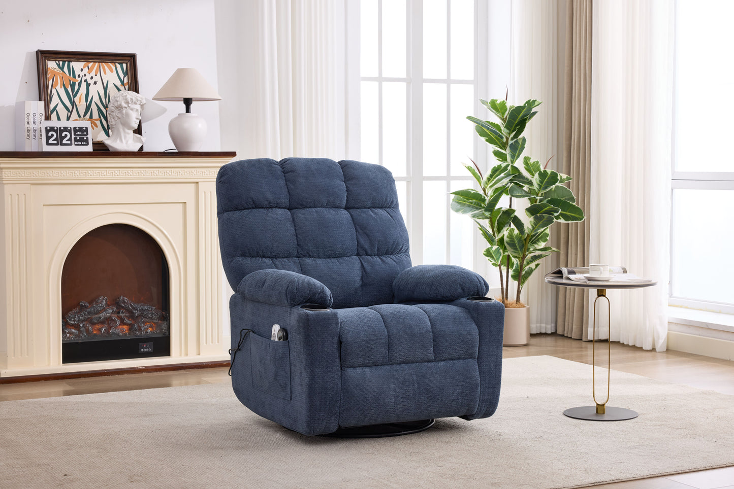 Heat Massage Electric Recliner Chair with Rocker and Swivel in Fabric for Living Room, Blue image 8
