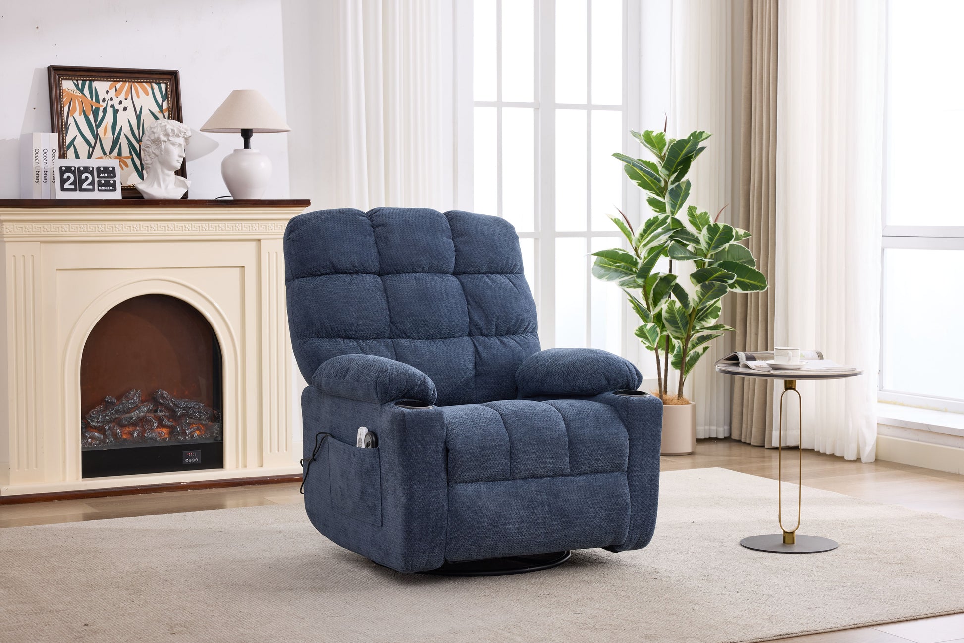 Heat Massage Electric Recliner Chair with Rocker and Swivel in Fabric for Living Room, Blue image 8