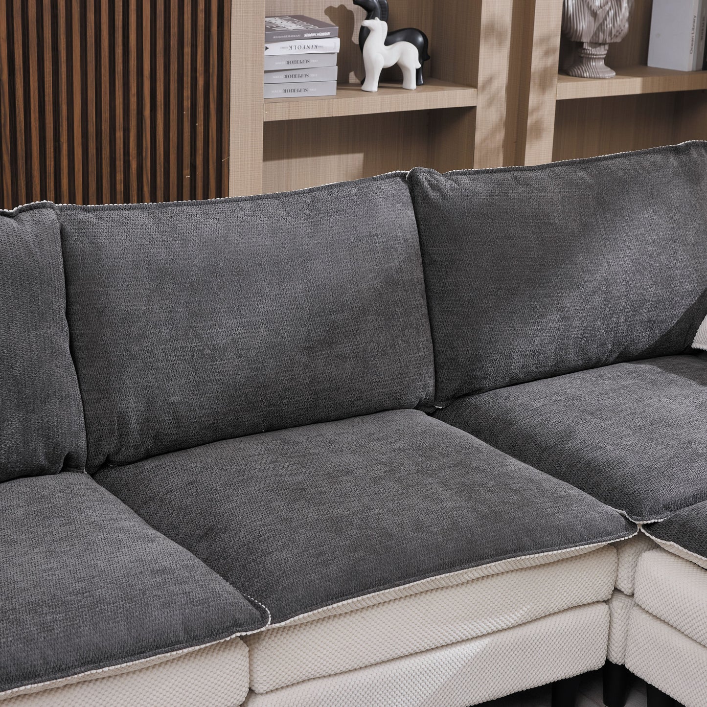 129.92" Black & White Two-Tone L Shaped Cloud Sofa, Modular Sectional with Ottoman, 3-Seat Chenille Deep Seat and Pillow – Perfect for Living Room, Bedroom, Apartment image 3