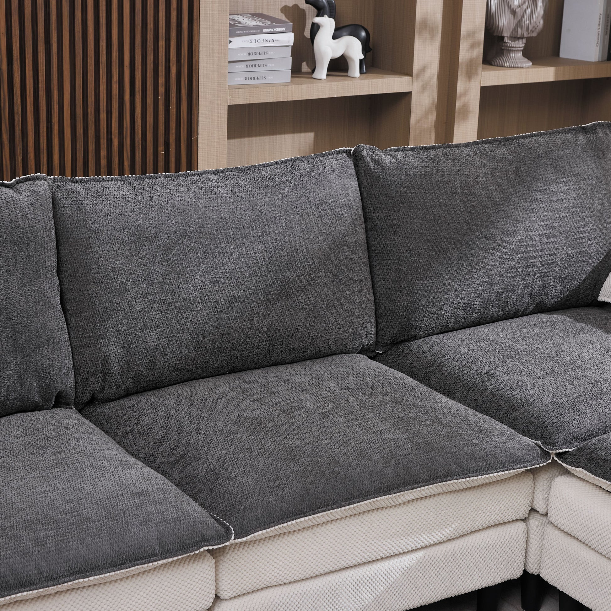 129.92" Black & White Two-Tone L Shaped Cloud Sofa, Modular Sectional with Ottoman, 3-Seat Chenille Deep Seat and Pillow – Perfect for Living Room, Bedroom, Apartment image 3