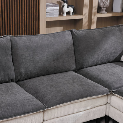 129.92" Black & White Two-Tone L Shaped Cloud Sofa, Modular Sectional with Ottoman, 3-Seat Chenille Deep Seat and Pillow – Perfect for Living Room, Bedroom, Apartment image 3