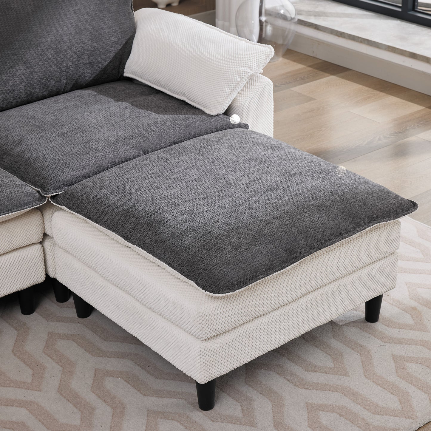 129.92" Black & White Two-Tone L Shaped Cloud Sofa, Modular Sectional with Ottoman, 3-Seat Chenille Deep Seat and Pillow – Perfect for Living Room, Bedroom, Apartment image 5