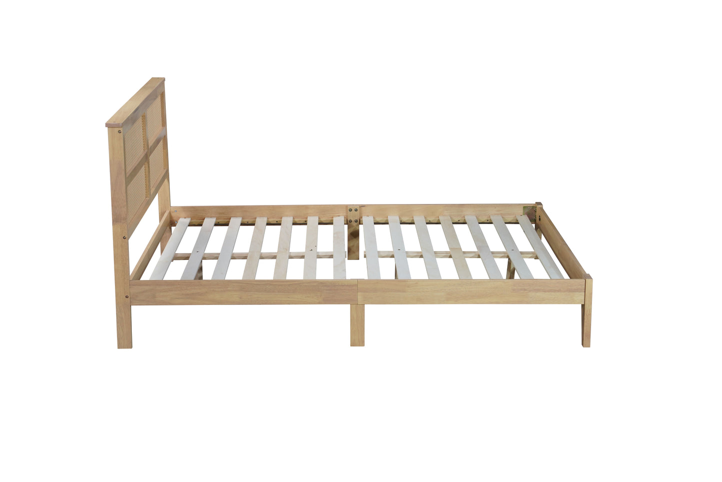 Queen Size Rubber Wooden, Solid Wooden Bed with Rattan Headboard, Enhanced by Support Feet,Natural image 4