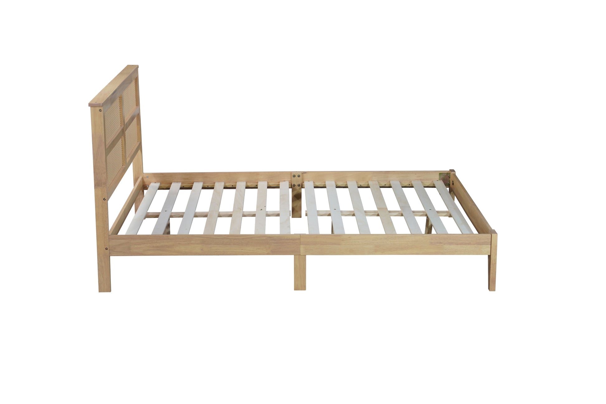 Queen Size Rubber Wooden, Solid Wooden Bed with Rattan Headboard, Enhanced by Support Feet,Natural image 4