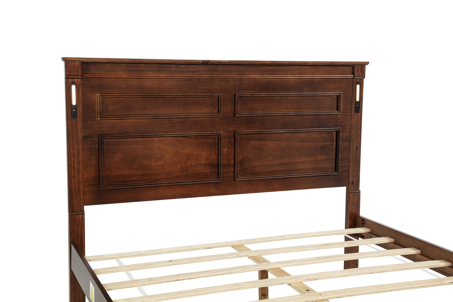 Queen Size Bed with Tall-Panel Headboard & Footboard, 2 Storage Drawers, Built-in LED Lights, USB Charging Station, Pinewood Bed with Strengthened Bed Frame,Walnut image 3