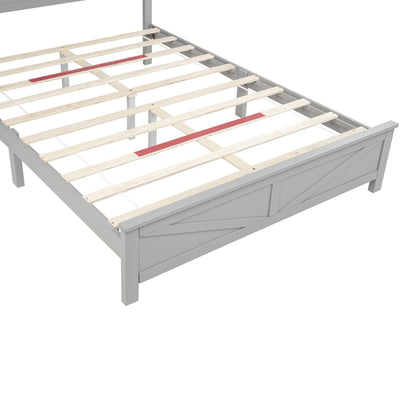 Farmhouse Style Queen Size Bed with Barn Door Designed Headboard and Footboard, Pinewood Bed with Strengthened Bed Frame,Grey image 6