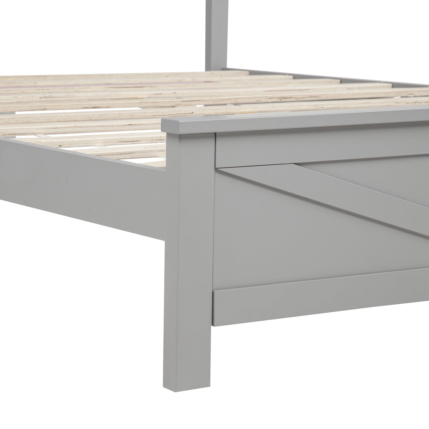 Farmhouse Style Queen Size Bed with Barn Door Designed Headboard and Footboard, Pinewood Bed with Strengthened Bed Frame,Grey image 9