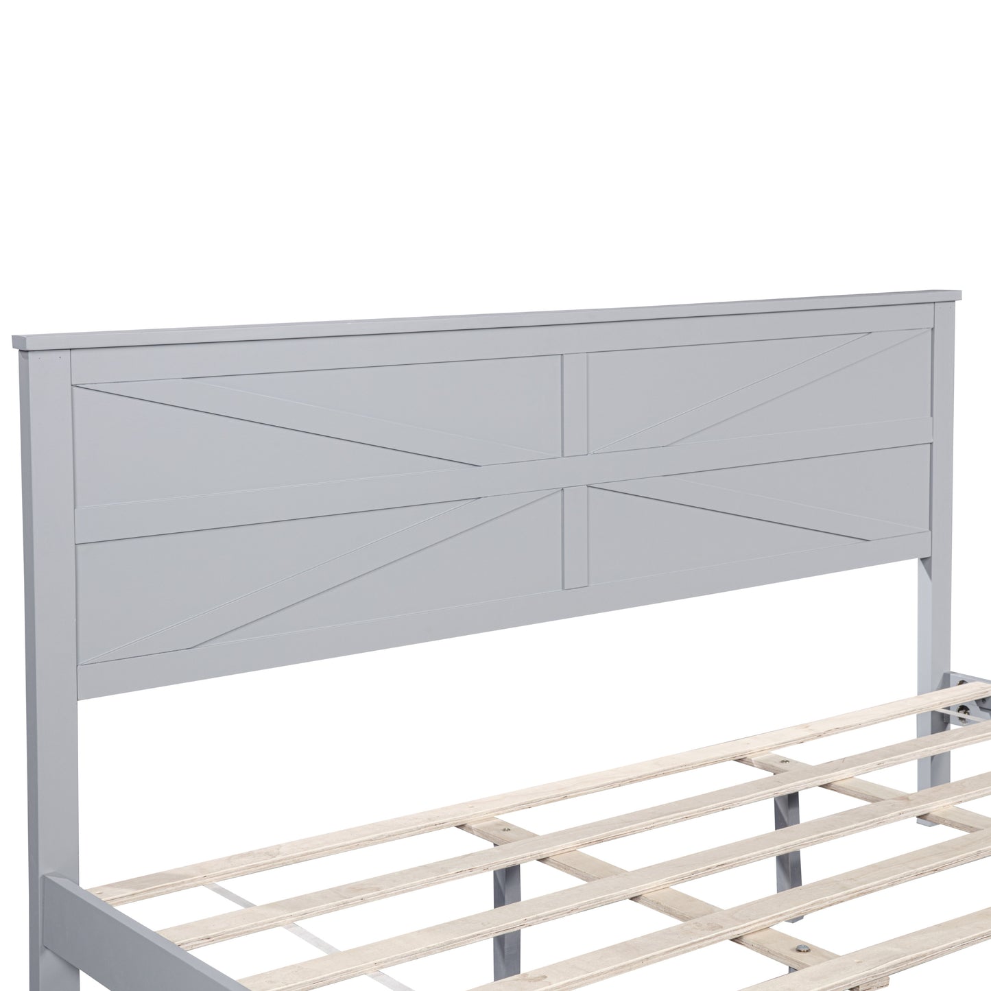 Farmhouse Style King Size Bed with Barn Door Designed Headboard and Footboard, Pinewood Bed with Strengthened Bed Frame,Grey image 8
