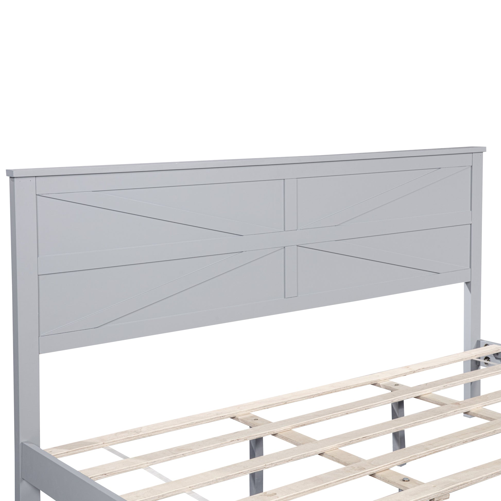 Farmhouse Style King Size Bed with Barn Door Designed Headboard and Footboard, Pinewood Bed with Strengthened Bed Frame,Grey image 8