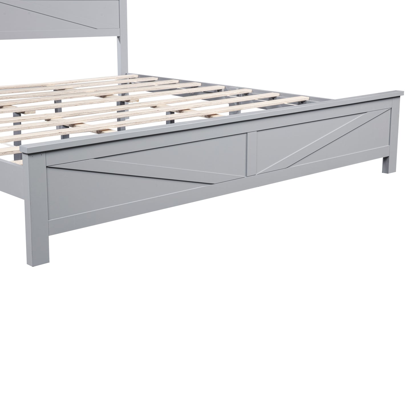 Farmhouse Style King Size Bed with Barn Door Designed Headboard and Footboard, Pinewood Bed with Strengthened Bed Frame,Grey image 9