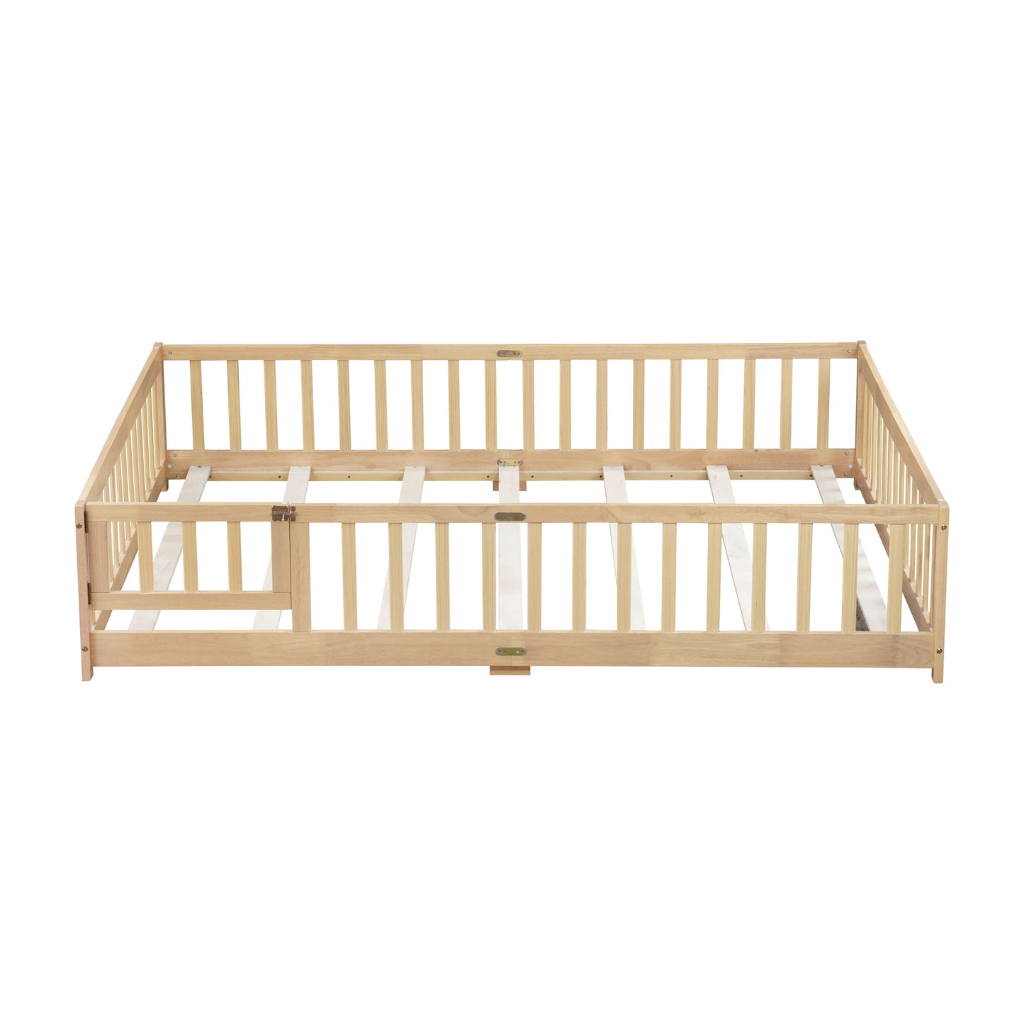 Queen Size Floor Bed with Fence,Door,Rubber Wood Floor Bed with Safety Guardrails,Natural (Old Sku W504P286389) image 10