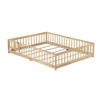Queen Size Floor Bed with Fence,Door,Rubber Wood Floor Bed with Safety Guardrails,Natural (Old Sku W504P286389) image 11