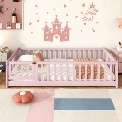 Twin Size Floor Bed with Fence and Door,Rubber Wood Floor Bed with Safety Guardrails,Pink image 1