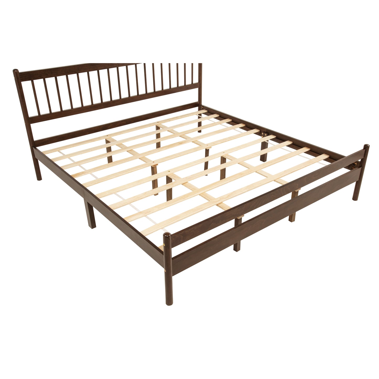 Traditional Style King Size Bed with Headboard and Footboard, Pinewood Bed with Strengthened Bed Frame,Walnut image 2