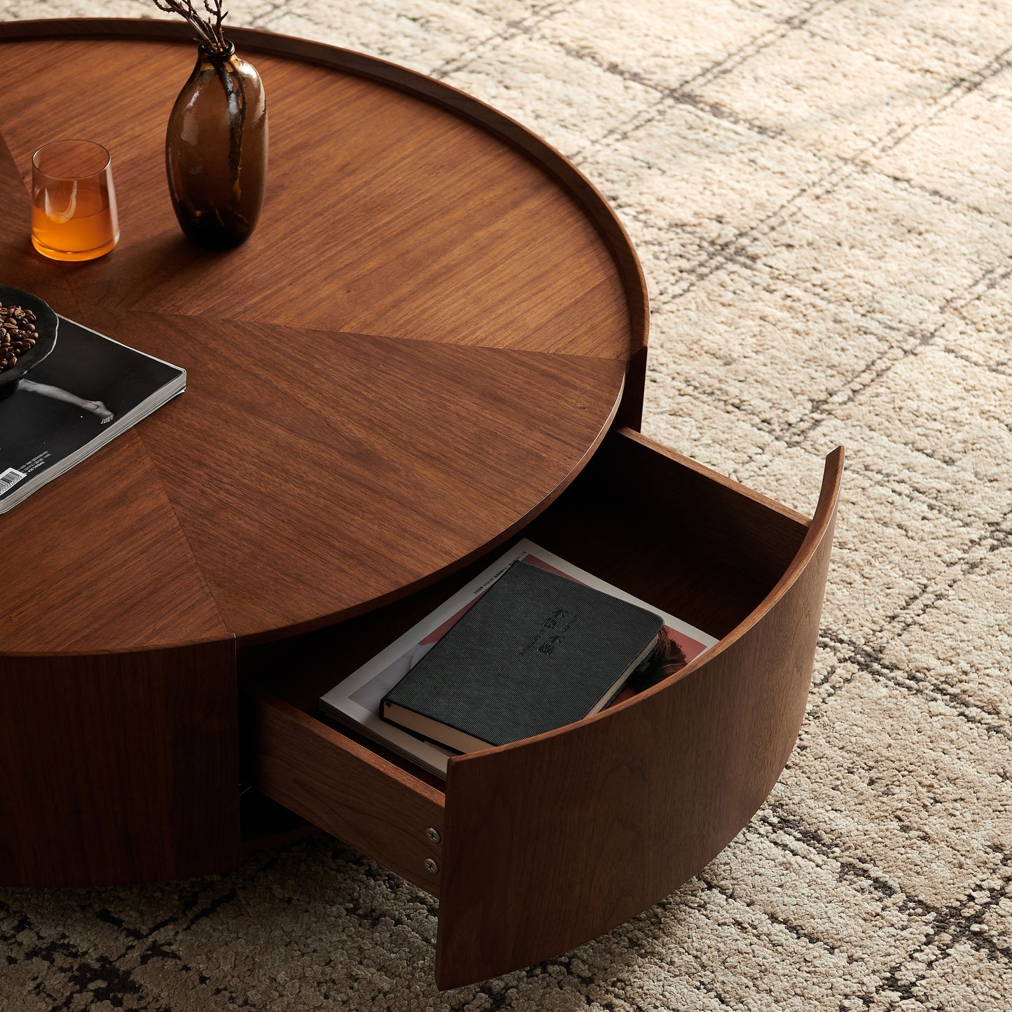 35.4-inch coffee tables, circular walnut design, suitable for living rooms, walnut material, suitable for bedrooms, living rooms, and offices image 9