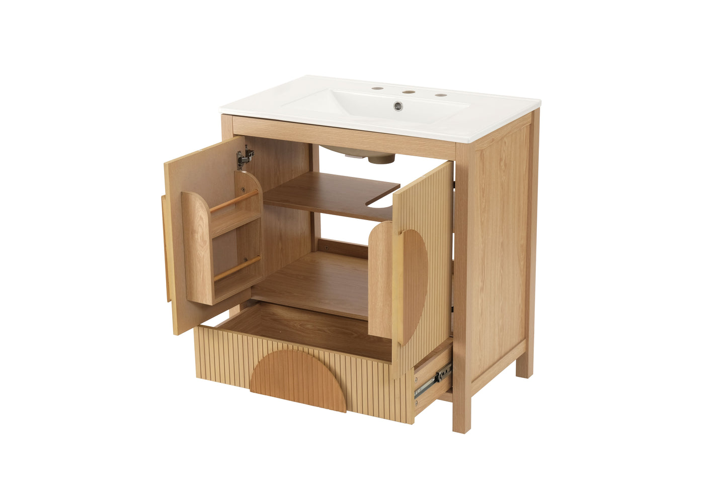 30 Inch Fluted Bathroom Vanity with Sink - Freestanding Modern Wood Cabinet with Soft-Close Doors, 1 Drawer & Open Storage, Decorative Circular Accent, Solid Wood & MDF Build, image 11