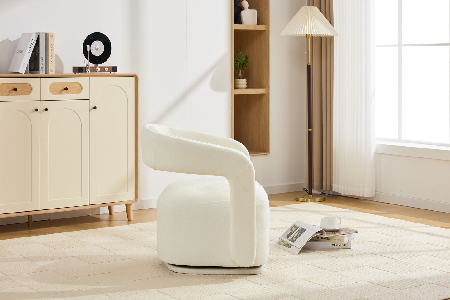 065-Chenille Fabric Swivel Accent Armchair, Comfy Barrel Leisure Chair With Curved Backrest, Upholstered Reading Chair With Black Swivel Base, 22-inch large seat depth and width, White image 11