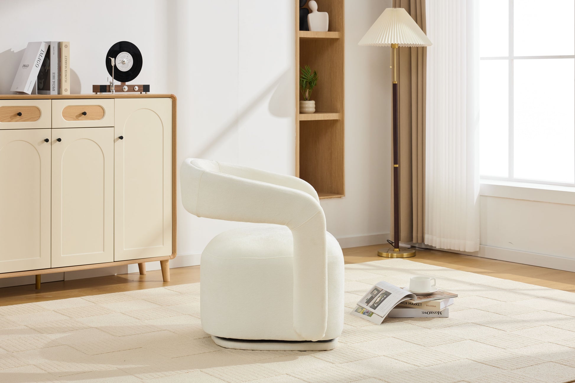 065-Chenille Fabric Swivel Accent Armchair, Comfy Barrel Leisure Chair With Curved Backrest, Upholstered Reading Chair With Black Swivel Base, 22-inch large seat depth and width, White image 11