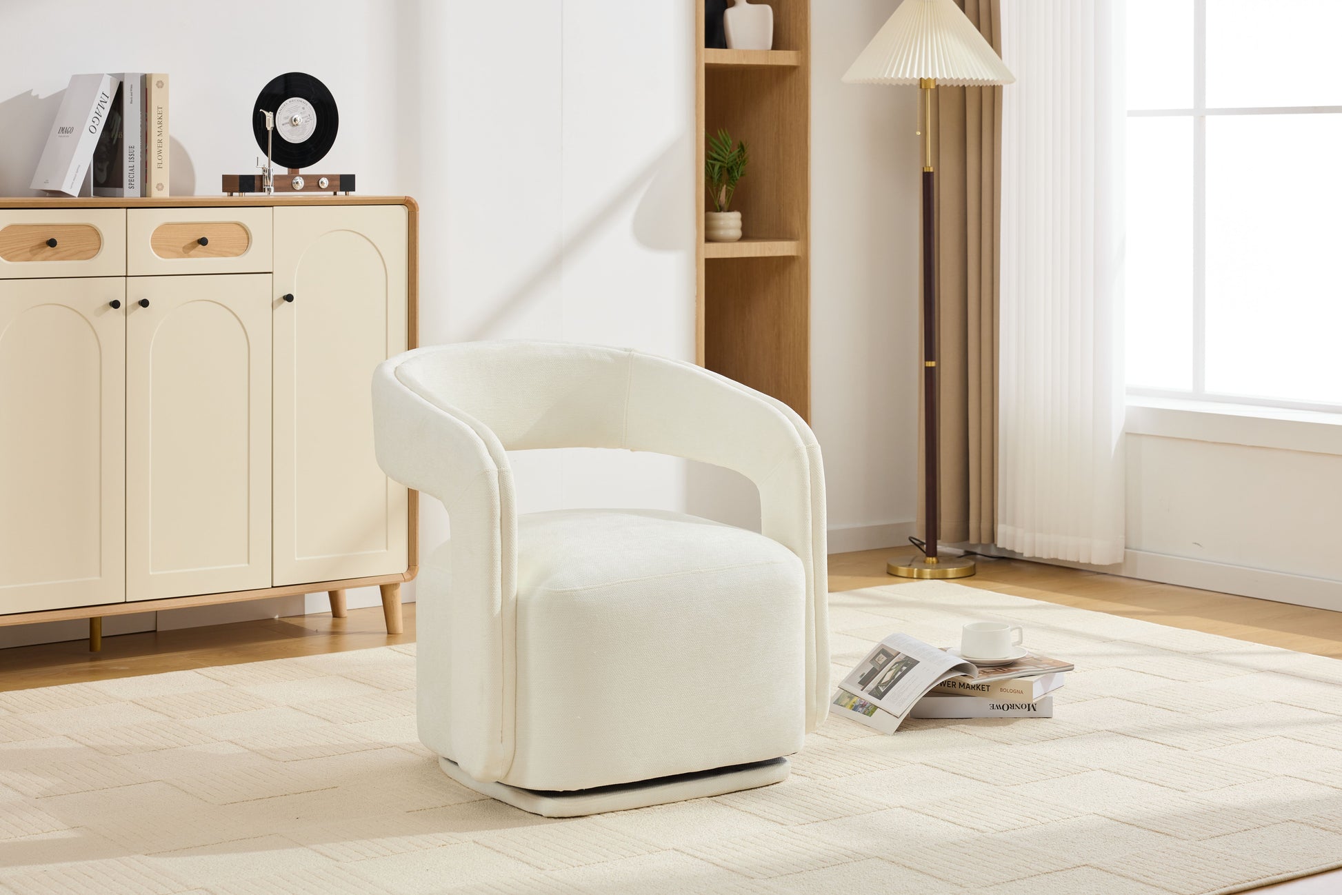 065-Chenille Fabric Swivel Accent Armchair, Comfy Barrel Leisure Chair With Curved Backrest, Upholstered Reading Chair With Black Swivel Base, 22-inch large seat depth and width, White image 12