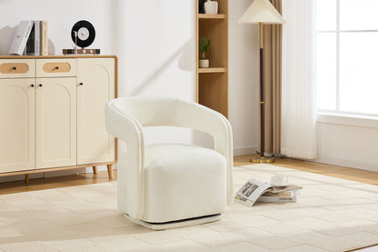 065-Chenille Fabric Swivel Accent Armchair, Comfy Barrel Leisure Chair With Curved Backrest, Upholstered Reading Chair With Black Swivel Base, 22-inch large seat depth and width, White image 12