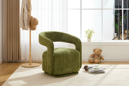 065-Chenille Fabric Swivel Accent Armchair, Comfy Barrel Leisure Chair With Curved Backrest, Upholstered Reading Chair With Black Swivel Base, 22-inch large seat depth and width, Green image 11
