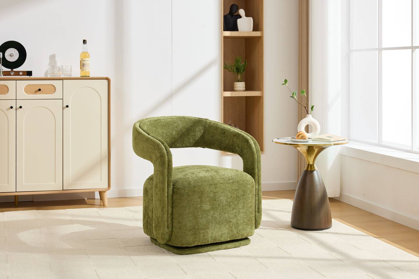 065-Chenille Fabric Swivel Accent Armchair, Comfy Barrel Leisure Chair With Curved Backrest, Upholstered Reading Chair With Black Swivel Base, 22-inch large seat depth and width, Green image 12