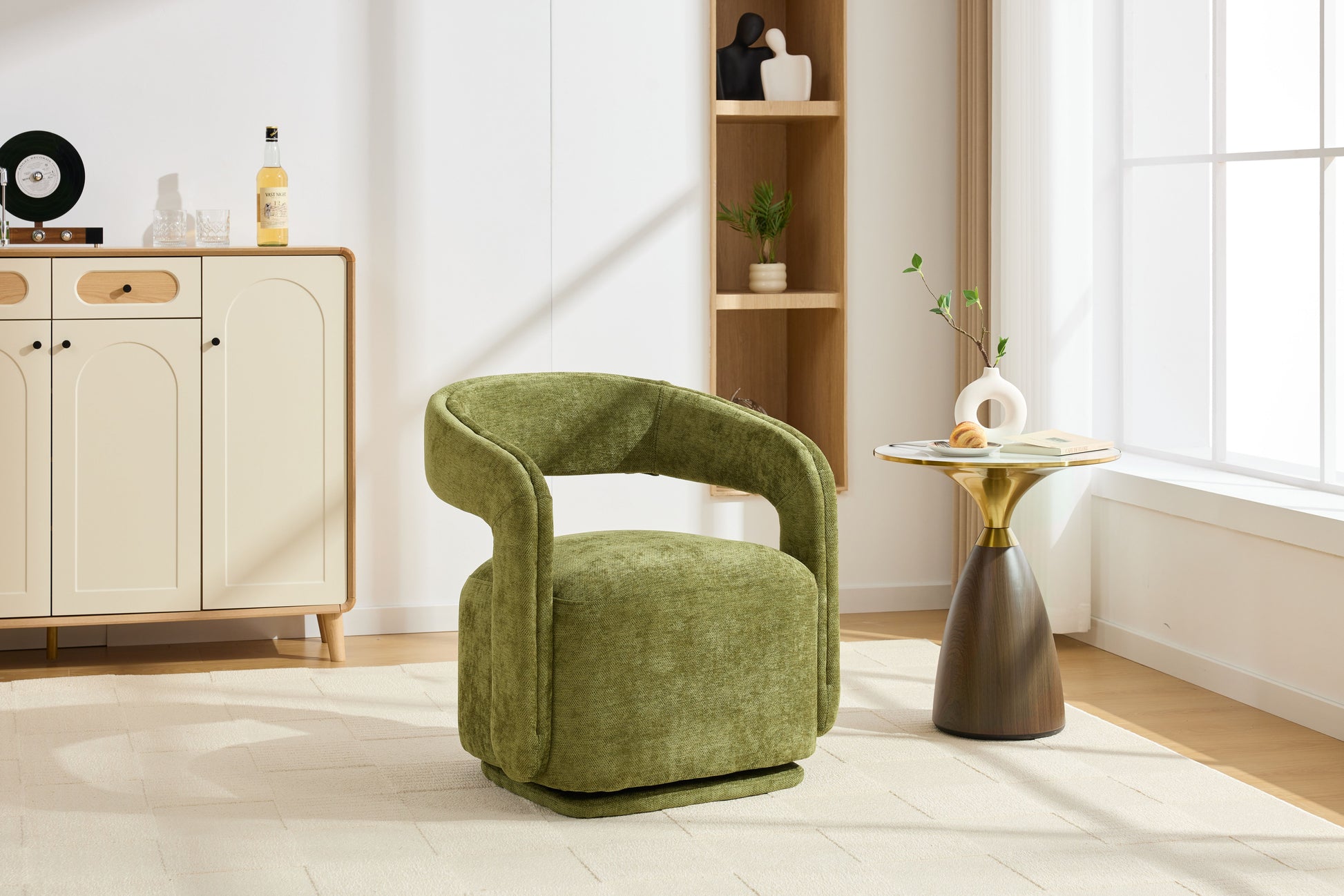 065-Chenille Fabric Swivel Accent Armchair, Comfy Barrel Leisure Chair With Curved Backrest, Upholstered Reading Chair With Black Swivel Base, 22-inch large seat depth and width, Green image 12