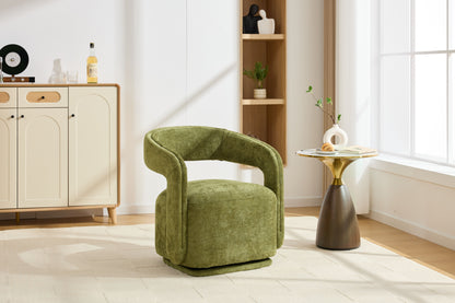 065-Chenille Fabric Swivel Accent Armchair, Comfy Barrel Leisure Chair With Curved Backrest, Upholstered Reading Chair With Black Swivel Base, 22-inch large seat depth and width, Green image 12