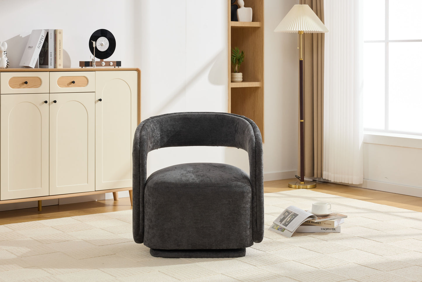 065-Chenille Fabric Swivel Accent Armchair, Comfy Barrel Leisure Chair With Curved Backrest, Upholstered Reading Chair With Black Swivel Base, 22-inch large seat depth and width, Dark Gray image 11