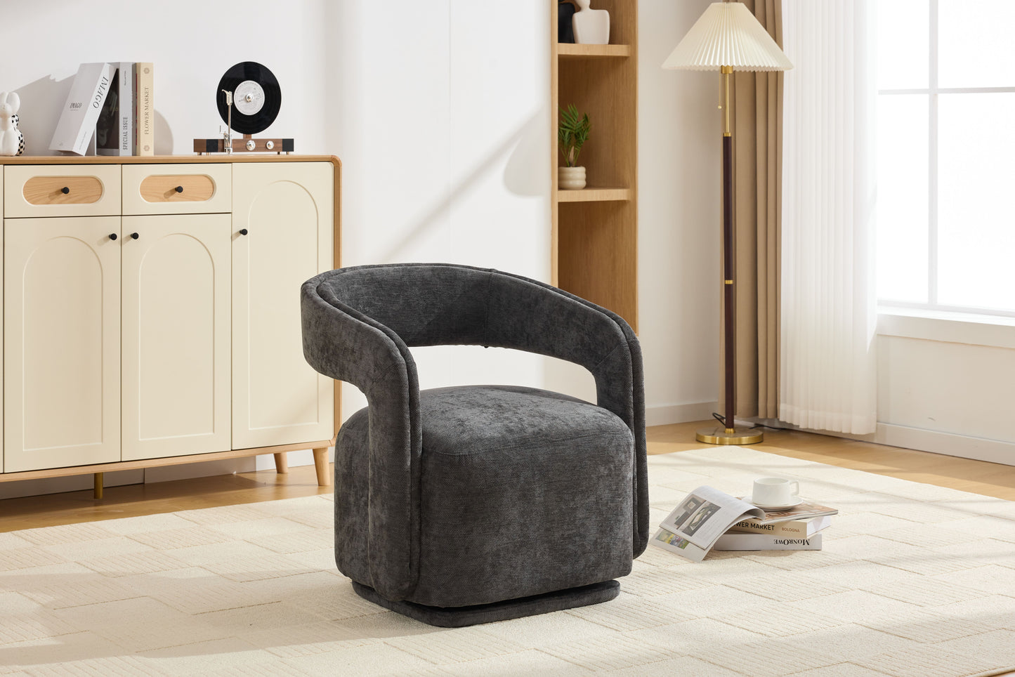 065-Chenille Fabric Swivel Accent Armchair, Comfy Barrel Leisure Chair With Curved Backrest, Upholstered Reading Chair With Black Swivel Base, 22-inch large seat depth and width, Dark Gray image 12