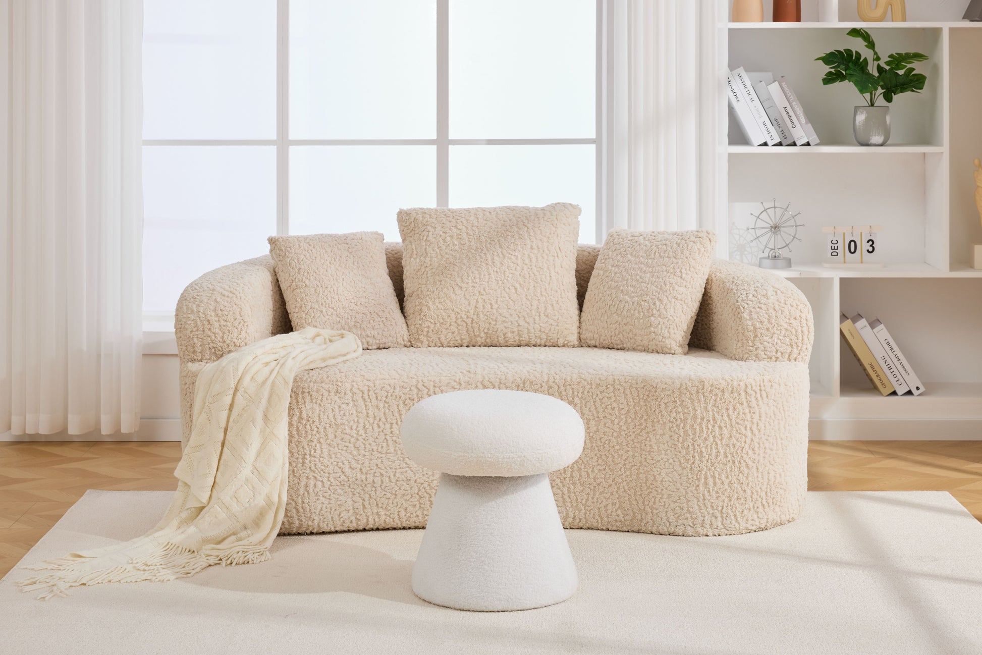 066-Teddy Fabric Soft-padded Footstool, Mushroom shaped Ottoman, Shoe-changing Stool, Makeup Stool,No Installation Required, Suitable For Bedrooms, Living Rooms, Powder Rooms Or Entrances, White image 11