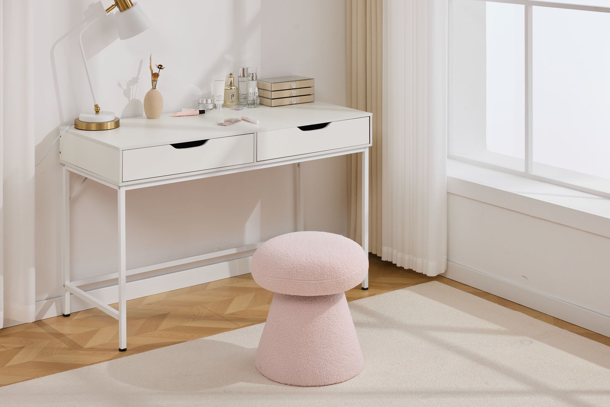 066-Teddy Fabric Soft-padded Footstool, Mushroom shaped Ottoman, Shoe-changing Stool, Makeup Stool,No Installation Required, Suitable For Bedrooms, Living Rooms, Powder Rooms Or Entrances, Pink image 10