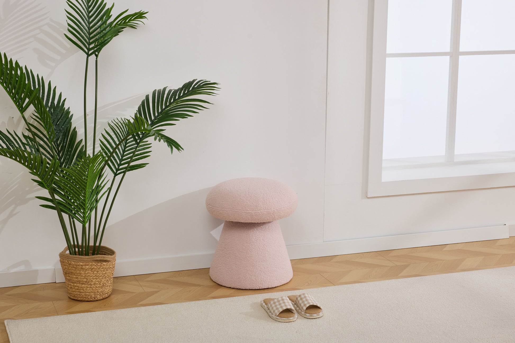 066-Teddy Fabric Soft-padded Footstool, Mushroom shaped Ottoman, Shoe-changing Stool, Makeup Stool,No Installation Required, Suitable For Bedrooms, Living Rooms, Powder Rooms Or Entrances, Pink image 12
