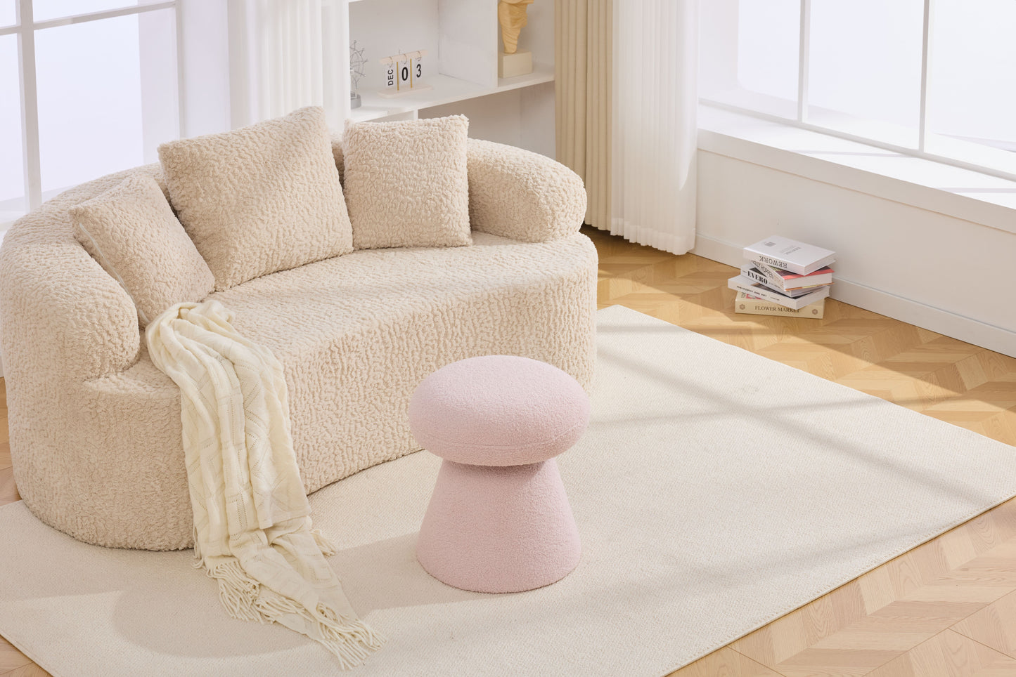 066-Teddy Fabric Soft-padded Footstool, Mushroom shaped Ottoman, Shoe-changing Stool, Makeup Stool,No Installation Required, Suitable For Bedrooms, Living Rooms, Powder Rooms Or Entrances, Pink image 9