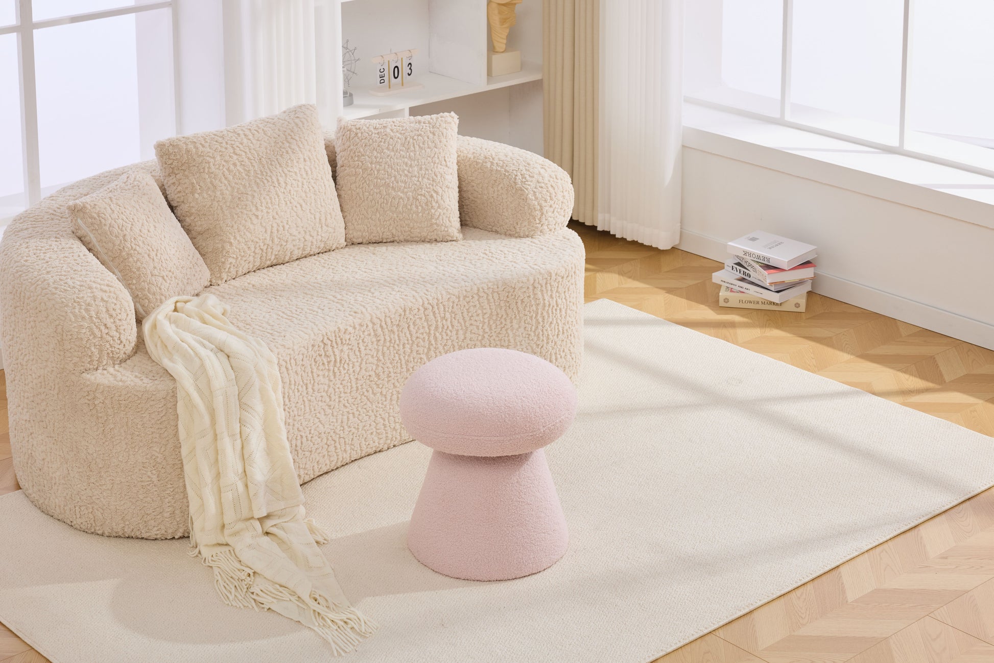 066-Teddy Fabric Soft-padded Footstool, Mushroom shaped Ottoman, Shoe-changing Stool, Makeup Stool,No Installation Required, Suitable For Bedrooms, Living Rooms, Powder Rooms Or Entrances, Pink image 9