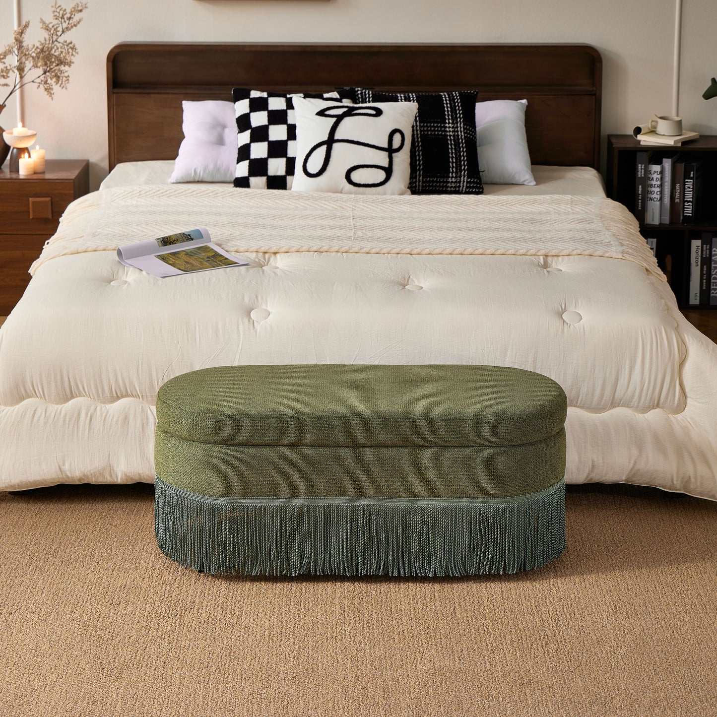 Oval Upholstered Storage Ottoman with Fringe Trim & Lift-Top Lid - 39"L x 16"W x 17"H, Multi-Functional Footrest & Hidden Storage for Living Room or Bedroom - Green Fabric with Metal Frame image 1