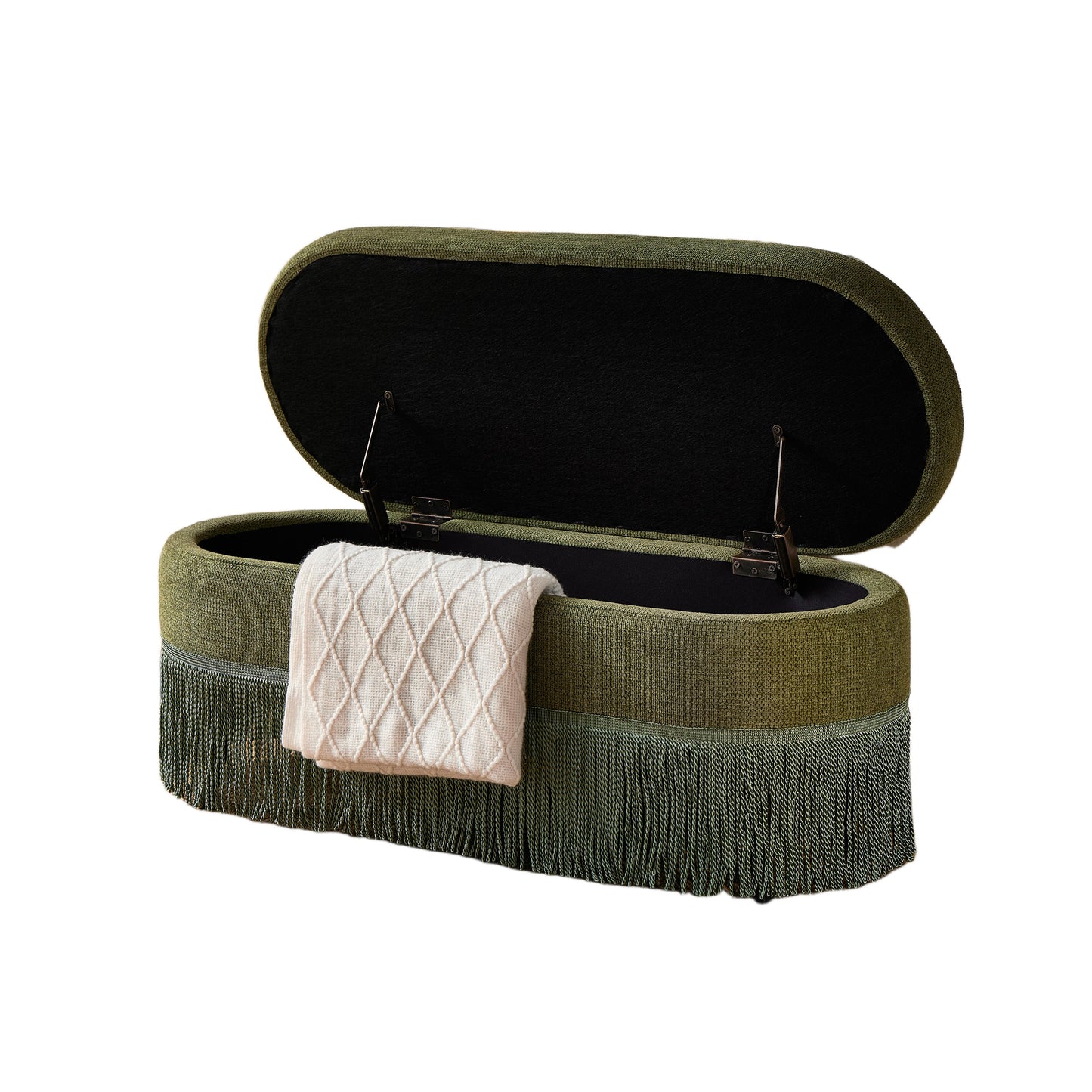 Oval Upholstered Storage Ottoman with Fringe Trim & Lift-Top Lid - 39"L x 16"W x 17"H, Multi-Functional Footrest & Hidden Storage for Living Room or Bedroom - Green Fabric with Metal Frame image 10