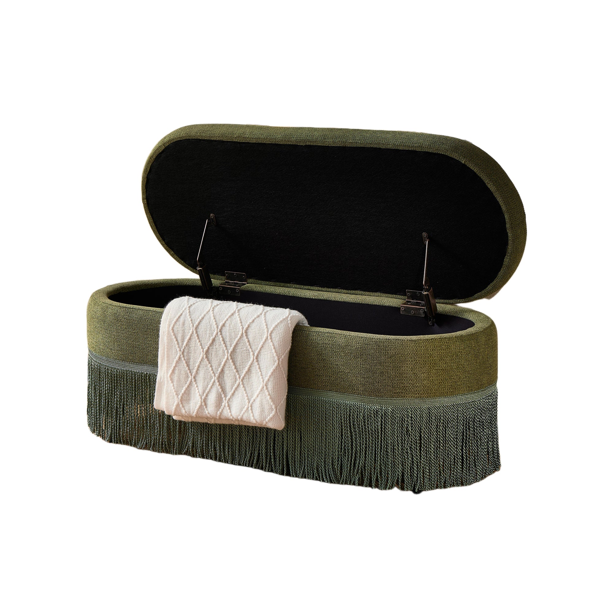 Oval Upholstered Storage Ottoman with Fringe Trim & Lift-Top Lid - 39"L x 16"W x 17"H, Multi-Functional Footrest & Hidden Storage for Living Room or Bedroom - Green Fabric with Metal Frame image 10