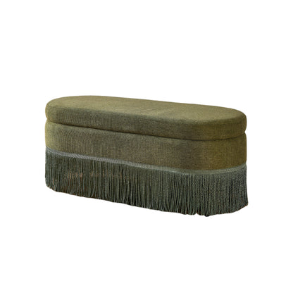 Oval Upholstered Storage Ottoman with Fringe Trim & Lift-Top Lid - 39"L x 16"W x 17"H, Multi-Functional Footrest & Hidden Storage for Living Room or Bedroom - Green Fabric with Metal Frame image 11