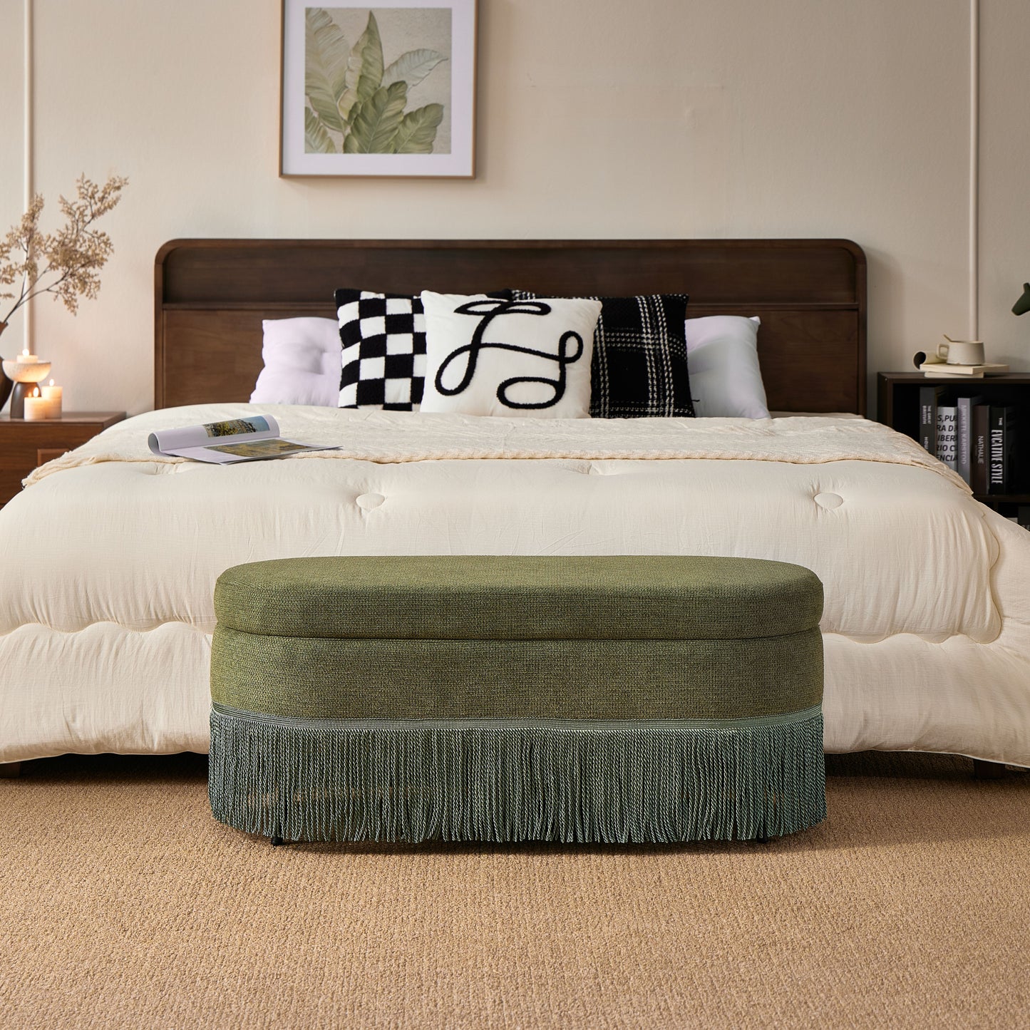 Oval Upholstered Storage Ottoman with Fringe Trim & Lift-Top Lid - 39"L x 16"W x 17"H, Multi-Functional Footrest & Hidden Storage for Living Room or Bedroom - Green Fabric with Metal Frame image 3